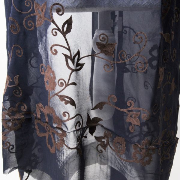 Panneau Voile de polyester bleu nuit et fleurs panne de velours marron