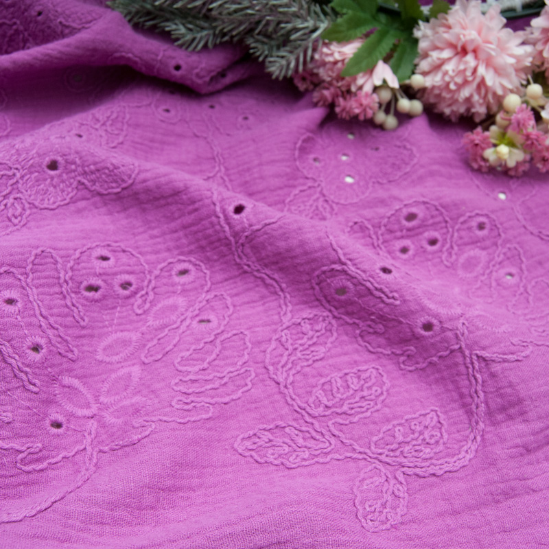 Double gaze 100% COTON Brodé fleur couleur cyclamen
