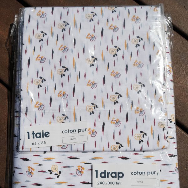 Drap 2 pers. 240x 300cm Pur Coton + taie oreiller 65 x 65