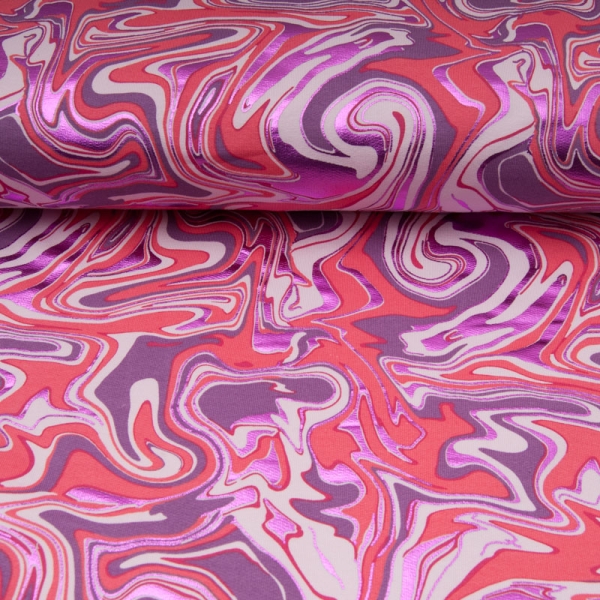 French Terry brossé Foil ROSE tout doux au motif vague psychédélique