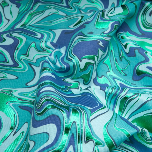 French Terry brossé Foil EMERAUDE tout doux au motif vague psychédélique