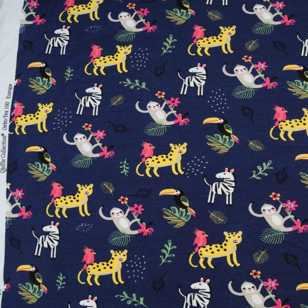 Jersey Coton Oekotex bleu marine animaux jungle