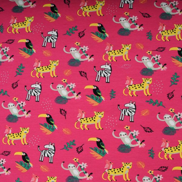 Jersey Coton Oekotex Fuschia animaux jungle
