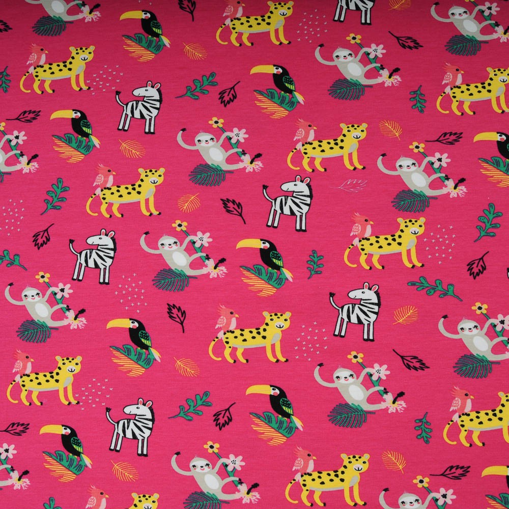 Jersey Coton Oekotex Fuschia animaux jungle