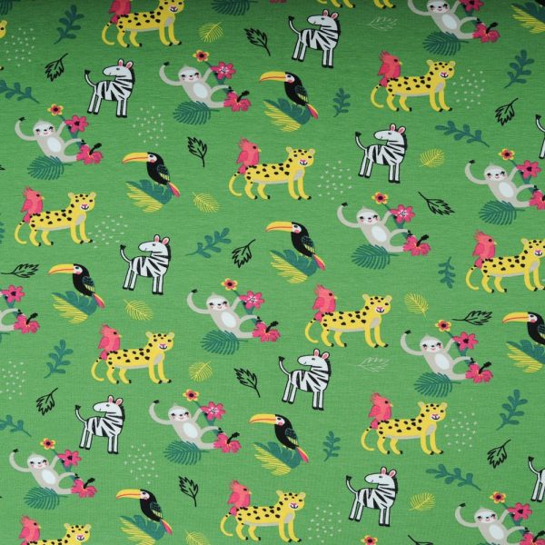 Jersey Coton Oekotex vert animaux jungle