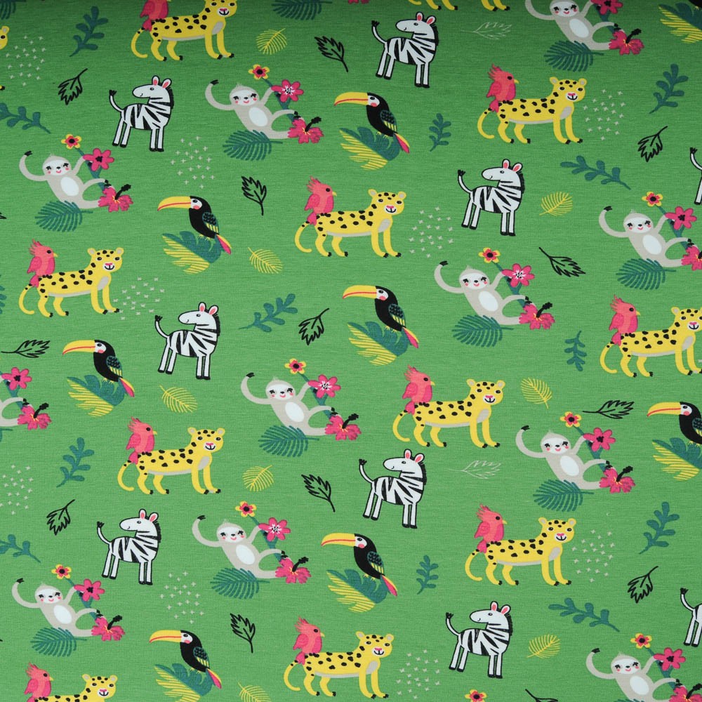 Jersey Coton Oekotex vert animaux jungle