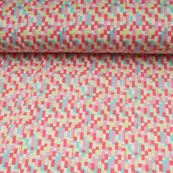 Jersey COTON Glitter motif géometrique corail turquoise pailleté doré