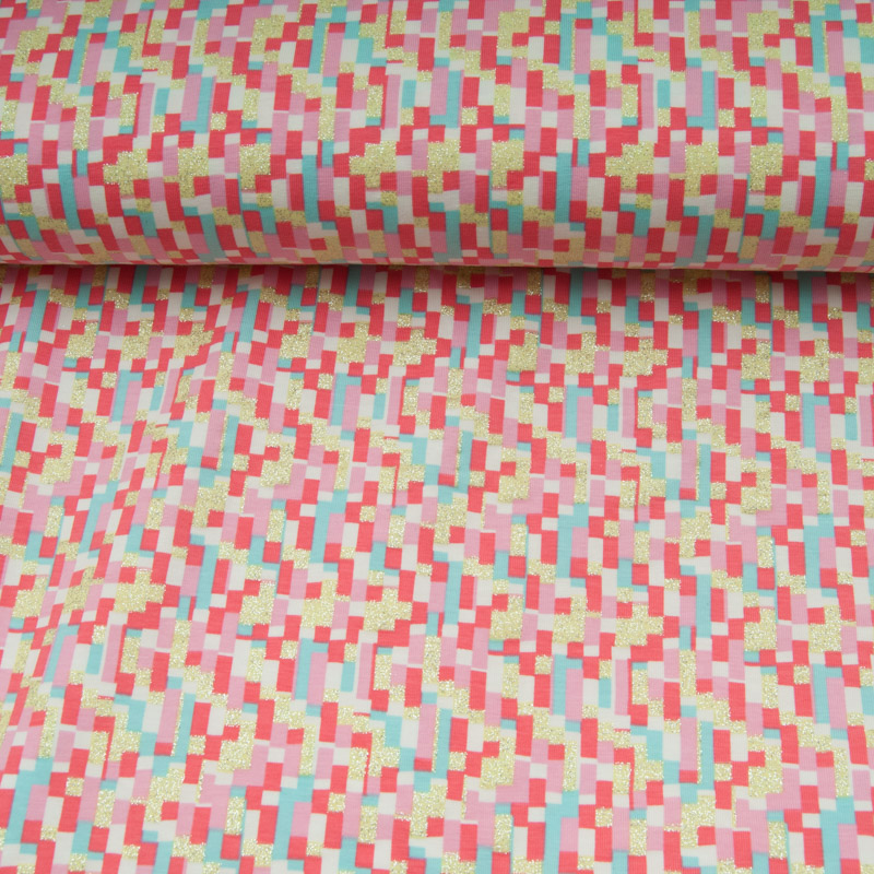 Jersey COTON Glitter motif géometrique corail turquoise pailleté doré