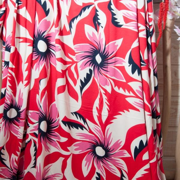Tissu Jersey viscose motif fleur des tropiques rouge, rose et écrue