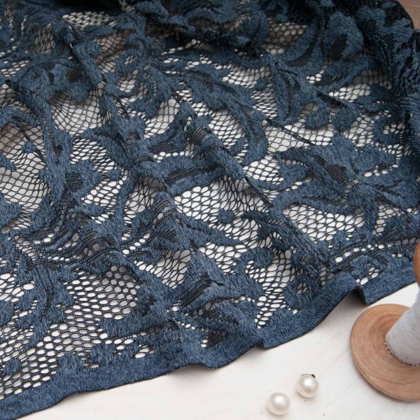 Dentelle Bleu Denim de qualité, motif arabesque