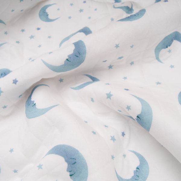 jersey coton matelassé imprimé LUNE étoile BLEU fond blanc