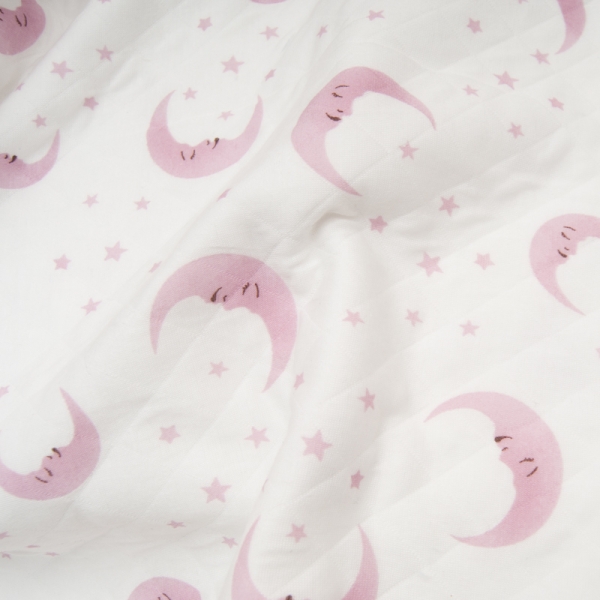 jersey coton matelassé imprimé LUNE étoile ROSE fond blanc