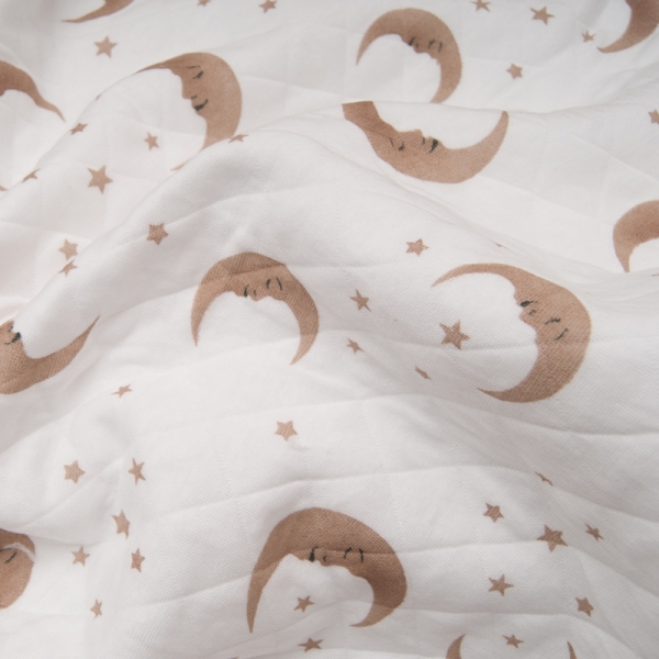 jersey coton matelassé imprimé LUNE étoile taupe fond blanc