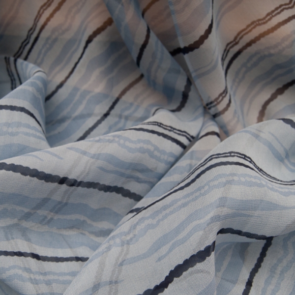 Voile Crêpe viscose polyester bleu gris à rayures bleu marine