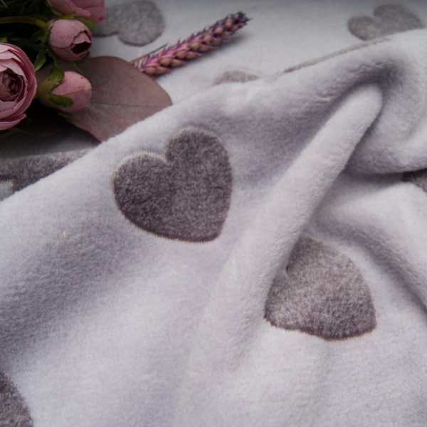 Polaire doudou Polyester double face Coeur Taupe sur fond LILA