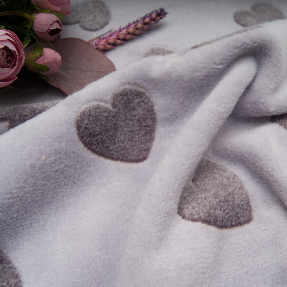 Polaire doudou Polyester double face Coeur Taupe sur fond LILA