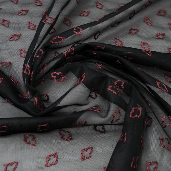 Voile Polyamide stretch noir, feuille brodée