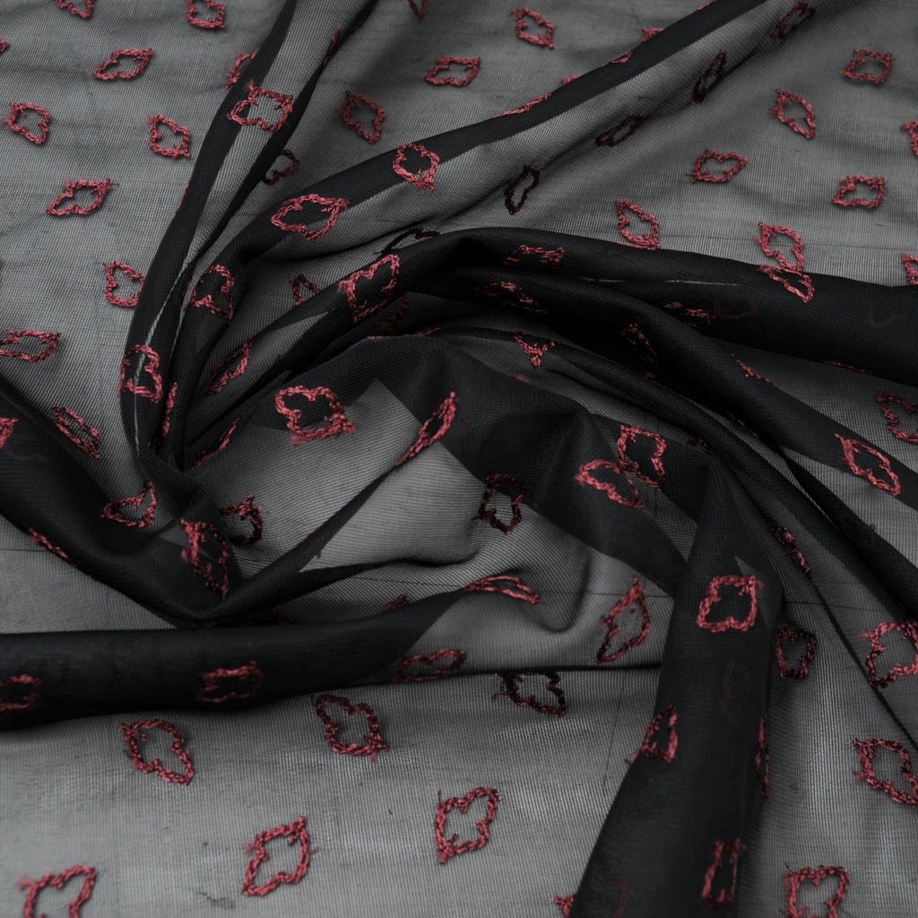 Voile Polyamide stretch noir, feuille brodée