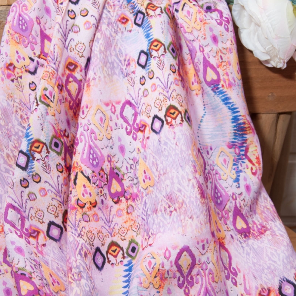 popeline de viscose mauve rose imprimée ethnique