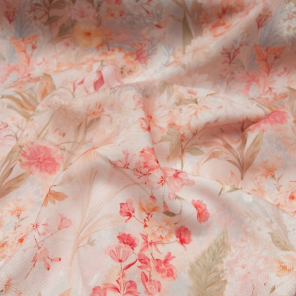 popeline de viscose rose pâle, corail fond pêche imprimé fleuri