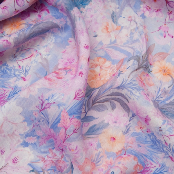 popeline de viscose rose et bleue fond MAUVE imprimé fleuri