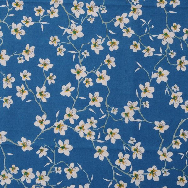 Tissu Coton cretonne imprimé Fleur d'Amandier bleu canard