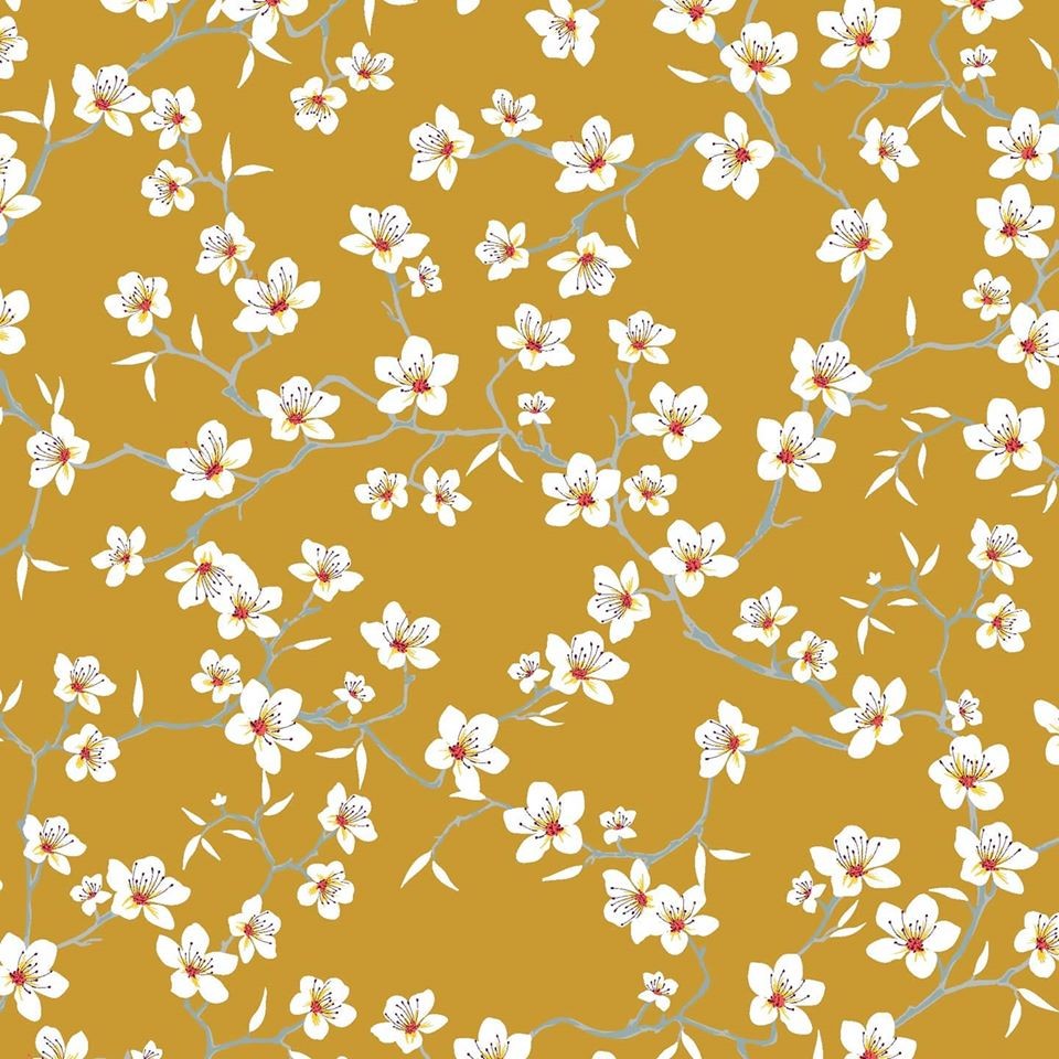 Coupon Coton cretonne imprimé Fleur d'Amandier moutarde 95cm