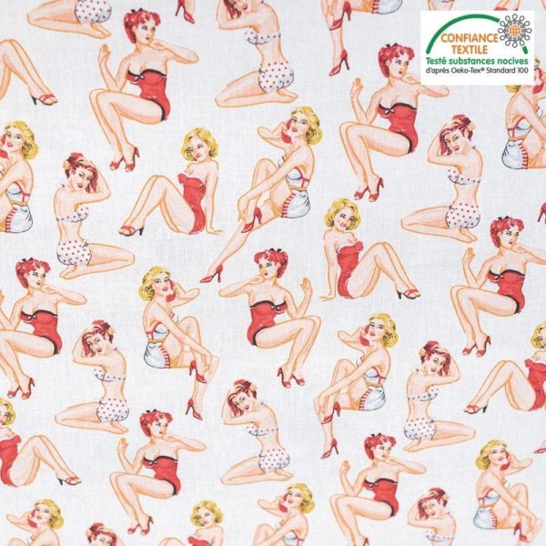 Tissu Coton cretonne imprimé Pin Up fond blanc OEKOTEX