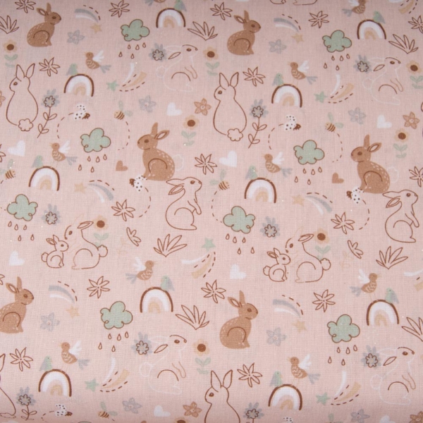 Tissu Coton popeline fond ROSE Poudré imprimé petit lapin