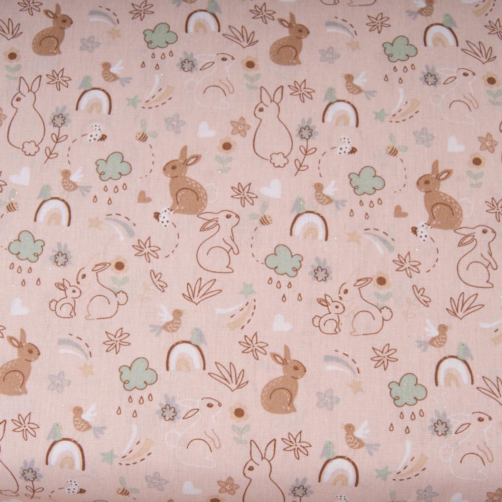 Tissu Coton popeline fond ROSE Poudré imprimé petit lapin
