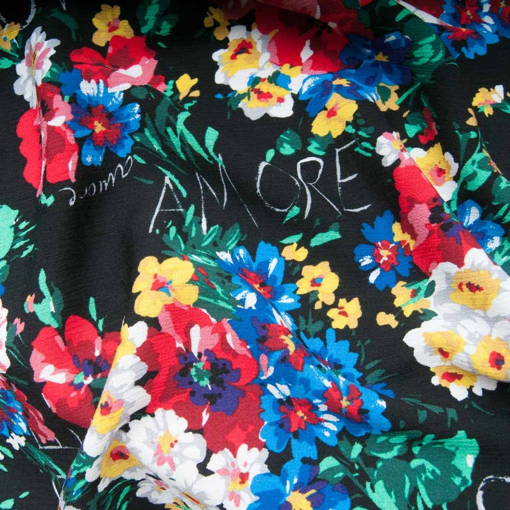 Tissu crêpe viscose fond noir bouquet multicolore