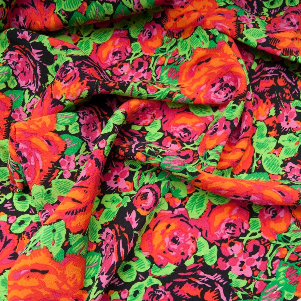 Tissu crêpe viscose fond noir coquelicot et vert