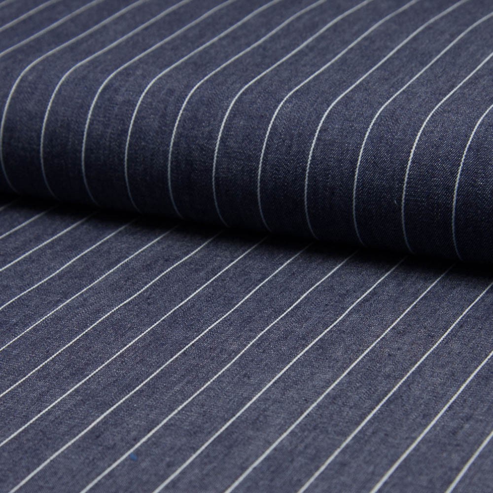 Tissu 100% Coton jean chambray rayé bleu foncé