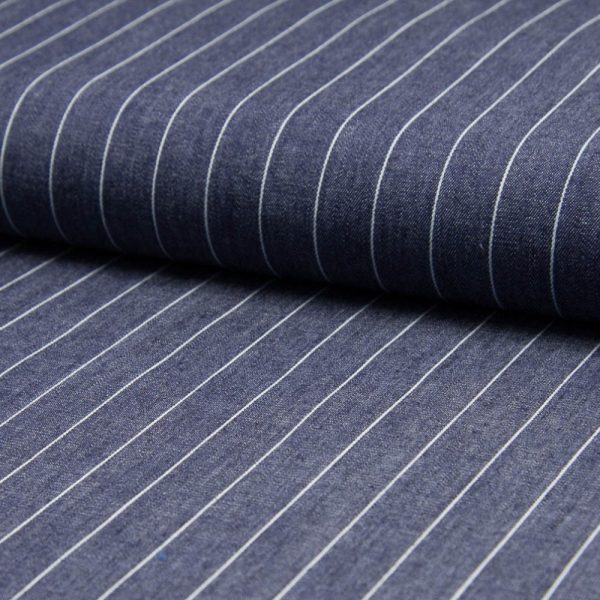 Tissu 100% Coton jean chambray rayé bleu moyen