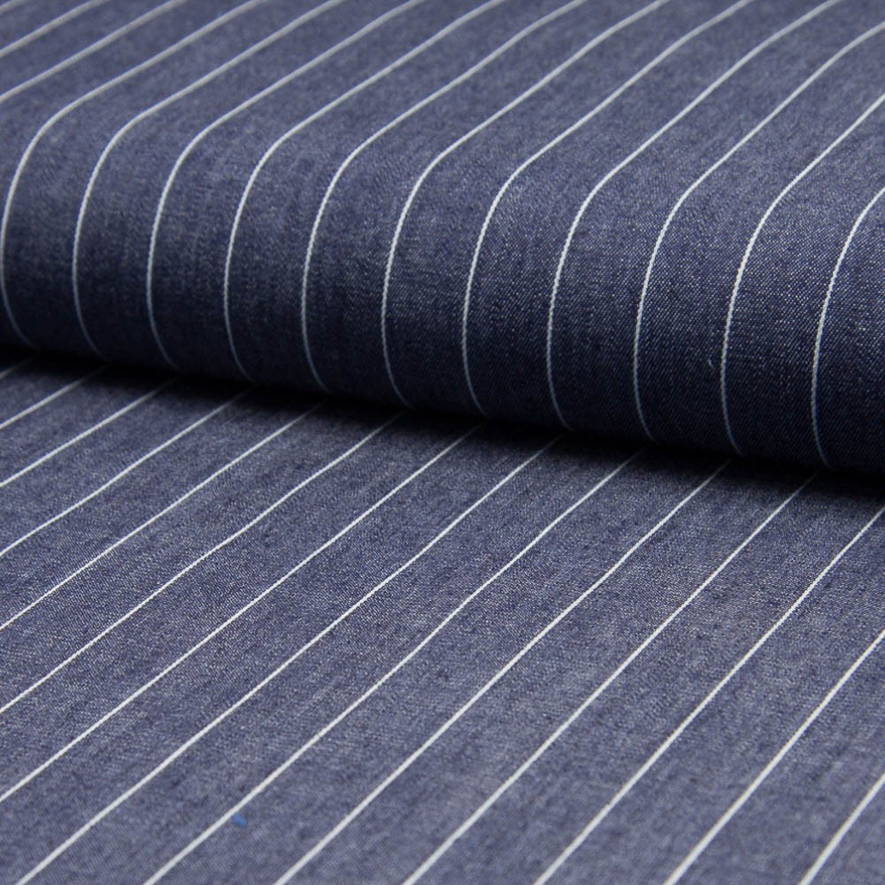 Tissu 100% Coton jean chambray rayé bleu moyen