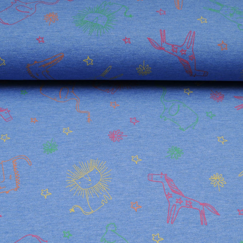 Tissu jersey bleu OEKOTEX motif animaux safari