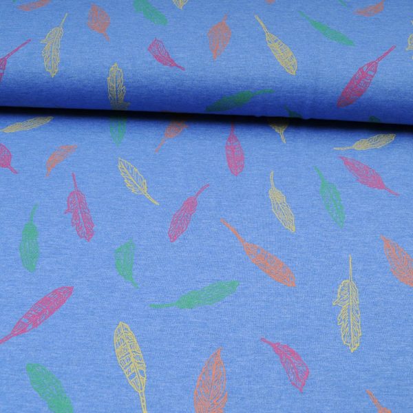 Tissu jersey bleu OEKOTEX motif feuille