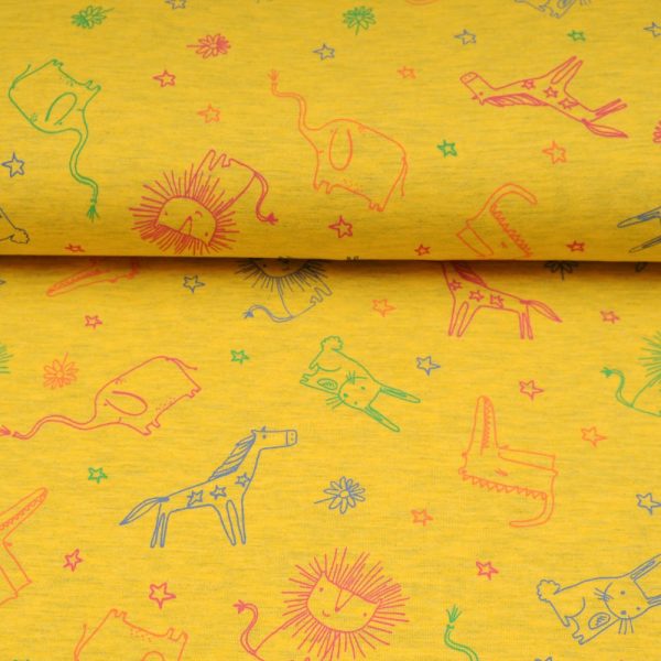 Tissu jersey jaune OEKOTEX motif animaux safari