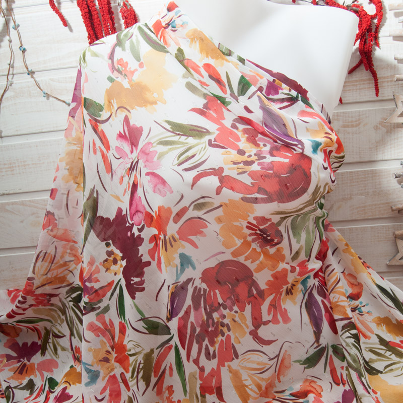mousseline crépon voile polyester fond blanc fleur abstraite