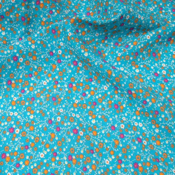 Tissu popeline viscose ANNA TURQUOISE Oekotex imprimé fleuri
