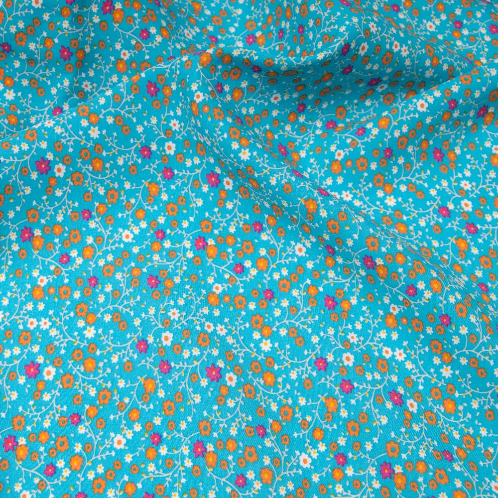 Tissu popeline viscose ANNA TURQUOISE Oekotex imprimé fleuri