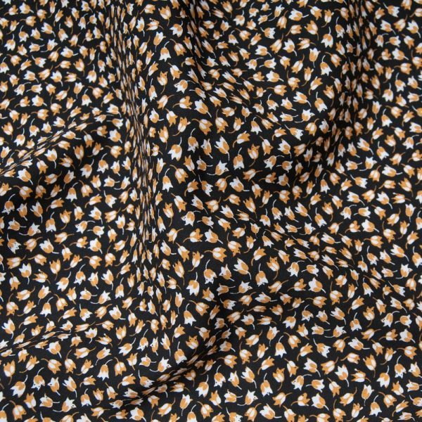 Tissu popeline viscose CLAUDIA Gold noir Oekotex imprimé fleuri