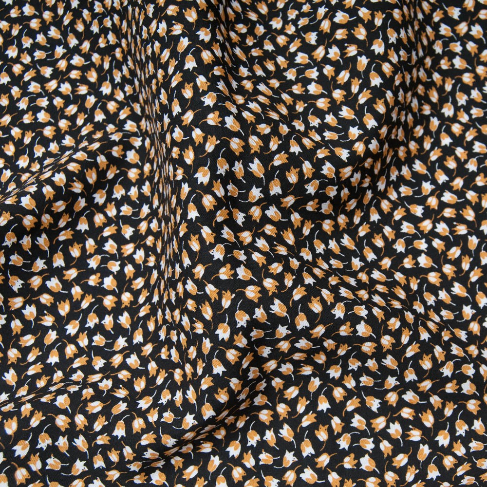 Tissu popeline viscose CLAUDIA Gold noir Oekotex imprimé fleuri