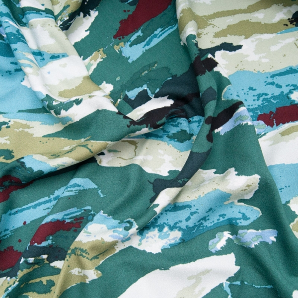 crêpe viscose, fluide en camaïeu de verts + bordeaux
