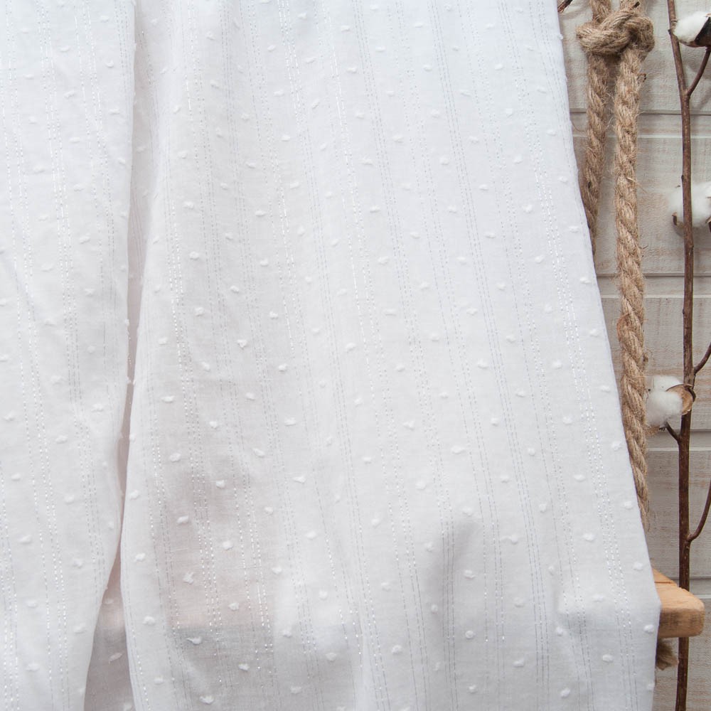 Tissu voile coton plumetis blancs rayé lurex argent
