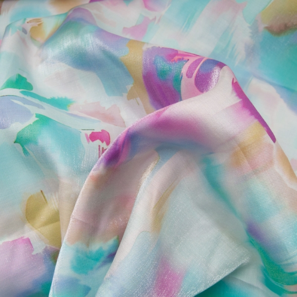 Viscose au superbe motif fleuri abstrait coloré bleu AQUA et rose