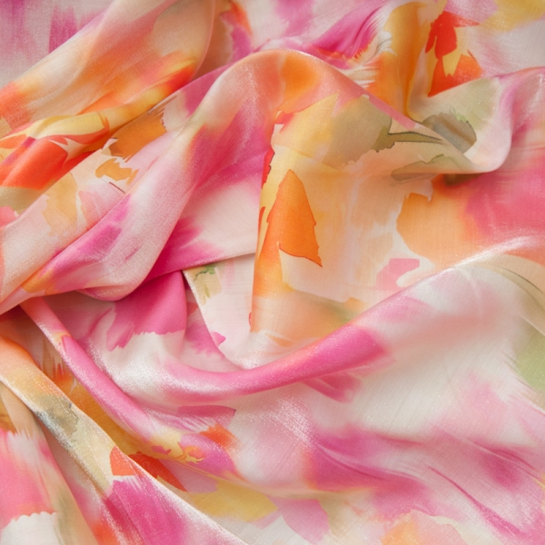 Viscose au superbe motif fleuri abstrait coloré Pêche et rose
