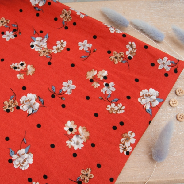 Tissu Viscose légère fleurette beige fond rouille et pois noirs